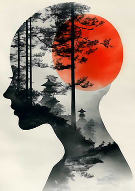 Silhouette with Japanese Landscape