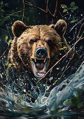 Bear smashing through the undergrowth branches