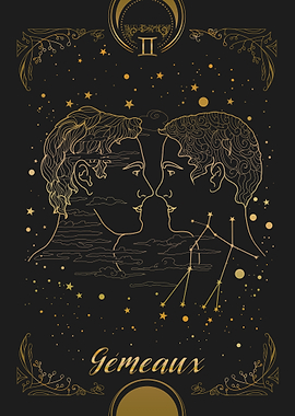 Gemini Zodiac Illustration black and Gold