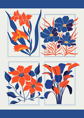 Floral Art Print - Retro Blue Orange Flowers