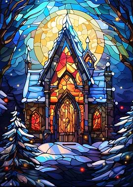 Stained Glass Winter Church