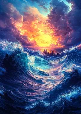 Ocean Stormy Sky With City