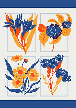 Vintage Floral Art Print - Four flower designs