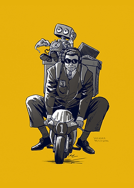 Man on Motorcycle with Robot