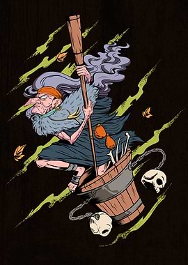 Witch Baba Yaga on a Bucket