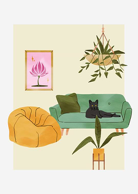 Cat in Living Room Illustration