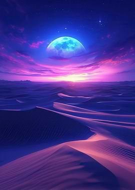 Desert Sunset with Blue Moon
