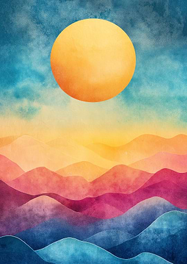 Watercolor Sunset Mountains