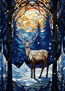 Stained Glass Deer in Winter