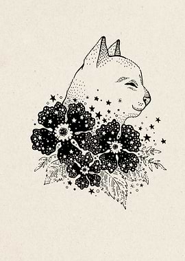 Cat with Flowers and Stars