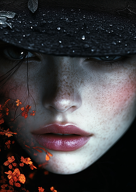 Woman in a Hat with Autumn Leaves