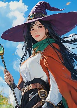 Witch with long black hair, big hat
