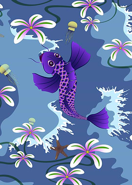 Purple Koi Fish and Water Flowers