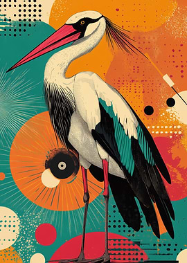 Stork with Geometric Background | Graceful Crane: A Vibrant Pop Art Expression