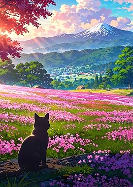 Cat in Flower Field