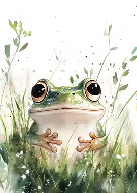 Cute Green Frog in Grass