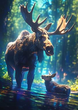 Mother Moose and Calf in Water