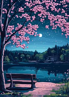 Nighttime Lake with Cherry Blossoms