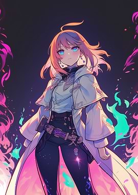 Anime Girl with short red hair on a Flaming Background