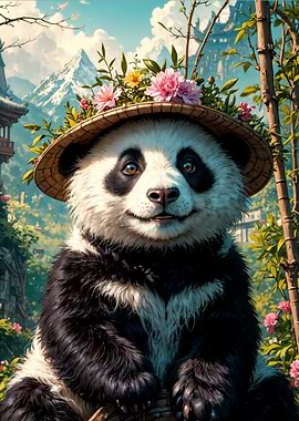 Smiling Panda with Flowers