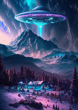 UFO Over Snowy Mountains