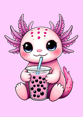 Cute Axolotl with Boba Tea
