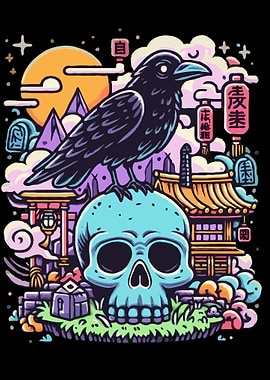 Crow on Skull with Japanese Temple