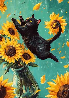 Black Cat and Sunflowers