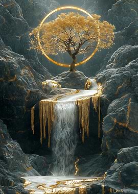 Golden Waterfall Landscape