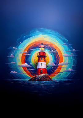 Vibrant Lighthouse Wall Art – Stunning Colorful Ocean Scene with Radiant Sunset Swirl