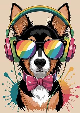Dog with Headphones and Rainbow Glasses