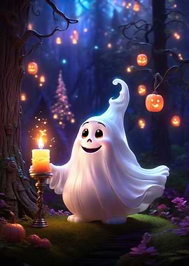 Friendly Ghost in Forest Dark Innocence Ghost Holding Candle Poster Spooky Decor Horror Art Poster