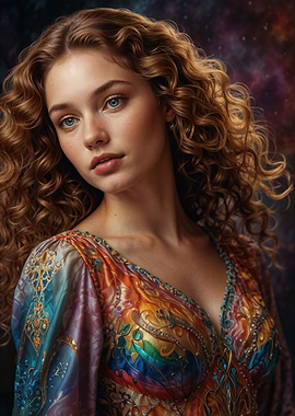 Woman with Curly Hair and Colorful Dress