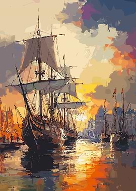 Sunset Harbor with Ships