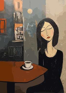 Woman with Coffee in Cafe Amedeo Modigliani Style