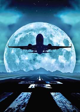 Airplane Takeoff Under Full Moon