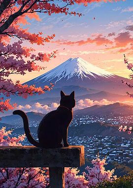 Neon Tokyo Black Cat Sits' Poster, picture, metal print