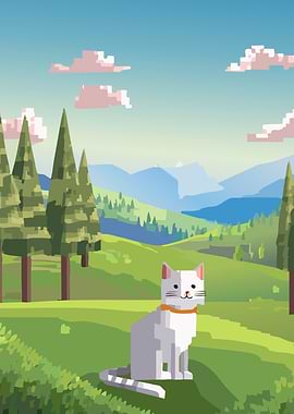 White Cat in Mountain Landscape