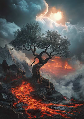 Volcanic Landscape with Tree