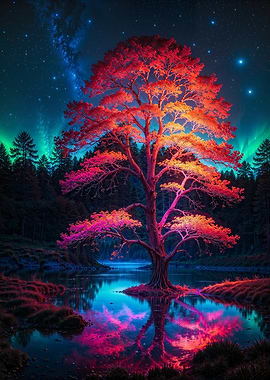 Magical Tree Under Aurora Borealis