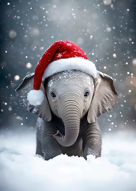 Cute Baby Elephant in Santa Hat