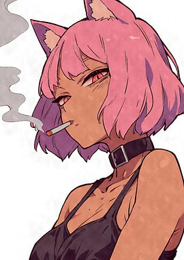 Pink Hair Anime Cat Girl Smoking