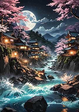Japanese Village Night Scene