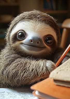 Cute Sloth Studying
