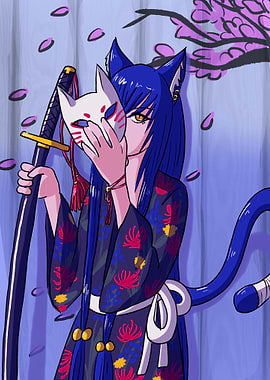 Kitsune with Mask and Sword