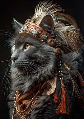 Gray Cat in Native American Headdress