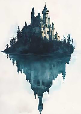 A castle floats upside-down above an endless lake.