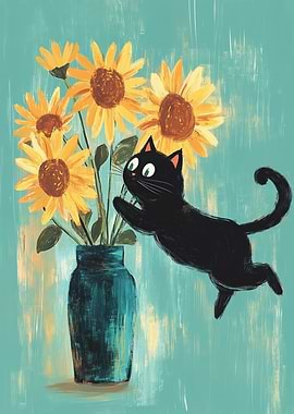 Black Cat and Sunflowers