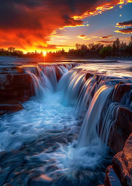 Majestic Waterfall at Sunset Glow