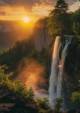 Majestic Waterfall at Sunset Glow